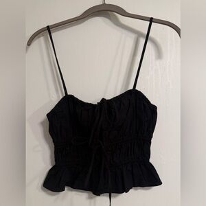 Black Tie-Front Peplum Cami Top Adjustable Straps Smocked Back Size M